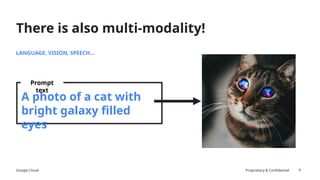 Google Cloud Proprietary & Confidential 6
There is also multi-modality!
LANGUAGE, VISION, SPEECH…
A photo of a cat with
bright galaxy filled
eyes
Prompt
text
 