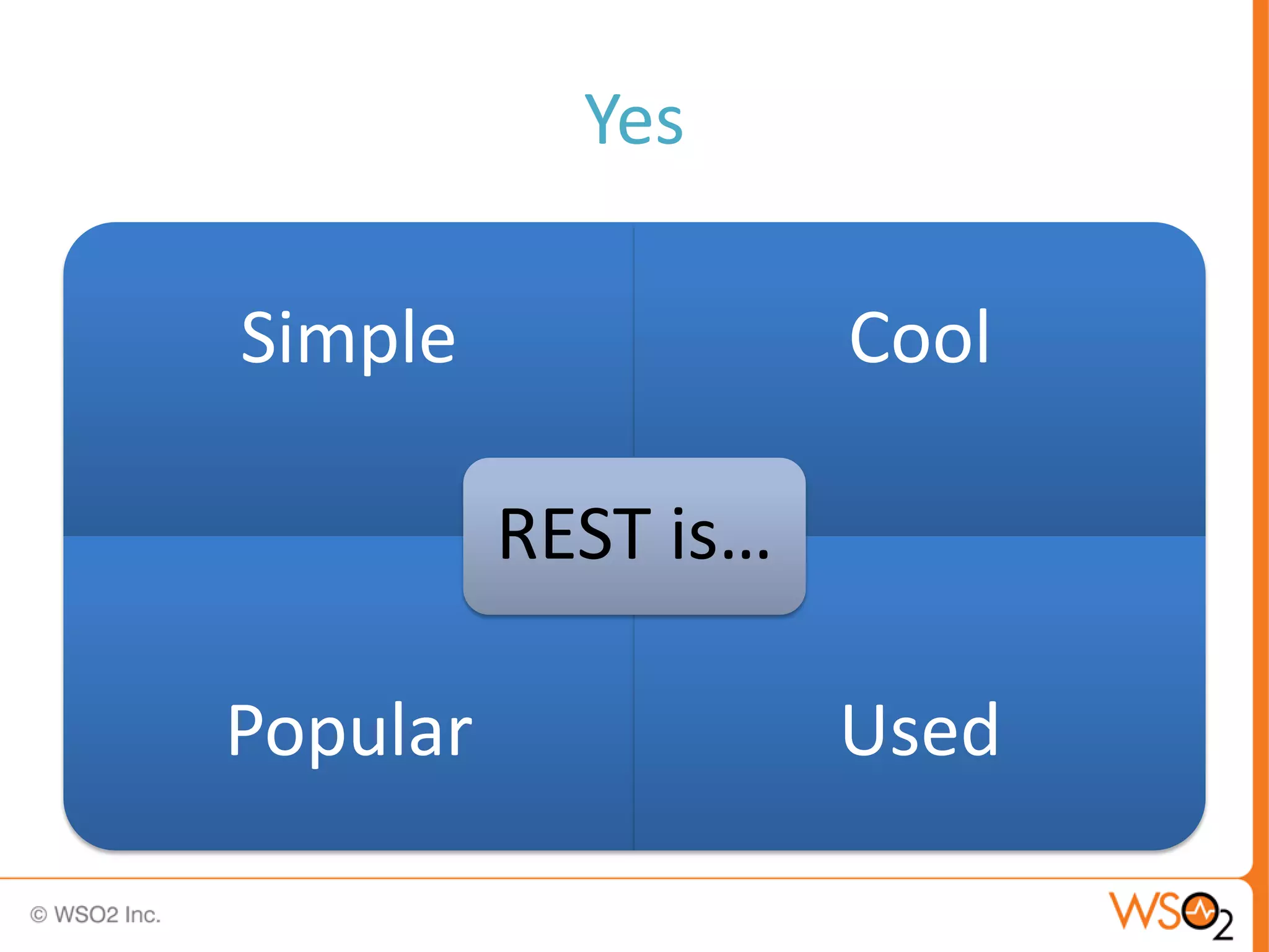 Yes

Simple               Cool

          REST is…

Popular              Used
 