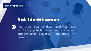 Risk Identification
1 The initial step involves identifying and
cataloging potential risks that may impact
organizational objectives, operations, or
projects
RTCompliance