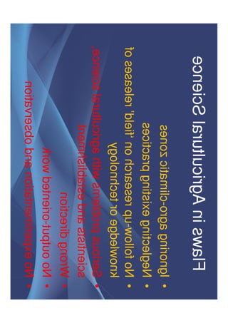 Flaws in Agricultural Science
• Ignoring agro-climatic zones
• Neglecting existing practices
• No follow-up research on ‘field’ releases of
knowledge or technologyknowledge or technology
• Serious problems with agricultural science,
scientists and establishment
• Wrong direction
• No output-oriented work
• No experimentation and observation
 