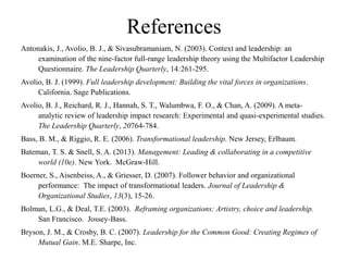 References
Antonakis, J., Avolio, B. J., & Sivasubramaniam, N. (2003). Context and leadership: an
examination of the nine-factor full-range leadership theory using the Multifactor Leadership
Questionnaire. The Leadership Quarterly, 14:261-295.
Avolio, B. J. (1999). Full leadership development: Building the vital forces in organizations.
California. Sage Publications.
Avolio, B. J., Reichard, R. J., Hannah, S. T., Walumbwa, F. O., & Chan, A. (2009). A meta-
analytic review of leadership impact research: Experimental and quasi-experimental studies.
The Leadership Quarterly, 20764-784.
Bass, B. M., & Riggio, R. E. (2006). Transformational leadership. New Jersey, Erlbaum.
Bateman, T. S. & Snell, S. A. (2013). Management: Leading & collaborating in a competitive
world (10e). New York. McGraw-Hill.
Boerner, S., Aisenbeiss, A., & Griesser, D. (2007). Follower behavior and organizational
performance: The impact of transformational leaders. Journal of Leadership &
Organizational Studies, 13(3), 15-26.
Bolman, L.G., & Deal, T.E. (2003). Reframing organizations: Artistry, choice and leadership.
San Francisco. Jossey-Bass.
Bryson, J. M., & Crosby, B. C. (2007). Leadership for the Common Good: Creating Regimes of
Mutual Gain. M.E. Sharpe, Inc.
 