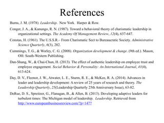 References
Burns, J. M. (1978). Leadership. New York. Harper & Row.
Conger, J. A., & Kanungo, R. N. (1987). Toward a behavioral theory of charismatic leadership in
organizational settings. The Academy Of Management Review, 12(4), 637-647.
Constas, H. (1961). The U.S.S.R.– From Charismatic Sect to Bureaucratic Society. Administrative
Science Quarterly, 6(3), 282.
Cummings, T. G., & Worley, C. G. (2008). Organization development & change. (9th ed.). Mason,
OH: South-Western Publishing.
Dan-Shang, W., & Chai-Chun, H. (2013). The effect of authentic leadership on employee trust and
employee engagement. Social Behavior & Personality: An International Journal, 41(4),
613-624.
Day, D. V., Fleenor, J. W., Atwater, L. E., Sturm, R. E., & McKee, R. A. (2014). Advances in
leader and leadership development: A review of 25 years of research and theory. The
Leadership Quarterly, 25(Leadership Quarterly 25th Anniversary Issue), 63-82.
DeRue, D. S., Spreitzer, G., Flanagan, B., & Allen, B. (2013). Developing adaptive leaders for
turbulent times: The Michigan model of leadership. Leadership. Retrieved from
http://www.europeanbusinessreview.com/?p=1477
 