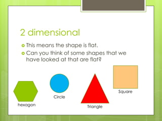 2 dimensionalThis means the shape is flat.Can you think of some shapes that we have looked at that are flat?SquareCirclehexagonTriangle