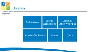 Agenda


                                                  Service          Search &
                                 Architecture
                                                Applications   Office Web Apps



                              User Profile Service     Demos          Q&A




3    © 2013, Information Control Corporation
 