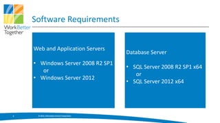 Software Requirements


    Web and Application Servers
                                               Database Server
    • Windows Server 2008 R2 SP1
                                               • SQL Server 2008 R2 SP1 x64
       or
                                                  or
    • Windows Server 2012
                                               • SQL Server 2012 x64




6    © 2013, Information Control Corporation
 