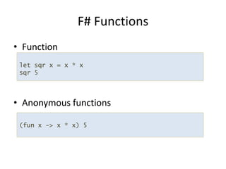 FunctionAnonymous functionsF# Functionslet sqr x = x * xsqr 5(fun x -> x * x) 5 