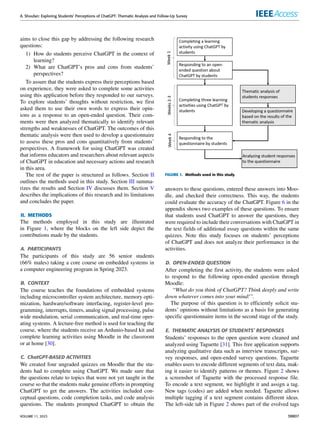 A. Shoufan: Exploring Students’ Perceptions of ChatGPT: Thematic Analysis and Follow-Up Survey
aims to close this gap by addressing the following research
questions:
1) How do students perceive ChatGPT in the context of
learning?
2) What are ChatGPT’s pros and cons from students’
perspectives?
To assure that the students express their perceptions based
on experience, they were asked to complete some activities
using this application before they responded to our surveys.
To explore students’ thoughts without restriction, we first
asked them to use their own words to express their opin-
ions as a response to an open-ended question. Their com-
ments were then analyzed thematically to identify relevant
strengths and weaknesses of ChatGPT. The outcomes of this
thematic analysis were then used to develop a questionnaire
to assess these pros and cons quantitatively from students’
perspectives. A framework for using ChatGPT was created
that informs educators and researchers about relevant aspects
of ChatGPT in education and necessary actions and research
in this area.
The rest of the paper is structured as follows. Section II
outlines the methods used in this study. Section III summa-
rizes the results and Section IV discusses them. Section V
describes the implications of this research and its limitations
and concludes the paper.
II. METHODS
The methods employed in this study are illustrated
in Figure 1, where the blocks on the left side depict the
contributions made by the students.
A. PARTICIPANTS
The participants of this study are 56 senior students
(66% males) taking a core course on embedded systems in
a computer engineering program in Spring 2023.
B. CONTEXT
The course teaches the foundations of embedded systems
including microcontroller system architecture, memory opti-
mization, hardware/software interfacing, register-level pro-
gramming, interrupts, timers, analog signal processing, pulse
wide modulation, serial communication, and real-time oper-
ating systems. A lecture-free method is used for teaching the
course, where the students receive an Ardunio-based kit and
complete learning activities using Moodle in the classroom
or at home [30].
C. ChatGPT-BASED ACTIVITIES
We created four ungraded quizzes on Moodle that the stu-
dents had to complete using ChatGPT. We made sure that
the questions relate to topics that were not yet taught in the
course so that the students make genuine efforts in prompting
ChatGPT to get the answers. The activities included con-
ceptual questions, code completion tasks, and code analysis
questions. The students prompted ChatGPT to obtain the
FIGURE 1. Methods used in this study.
answers to these questions, entered these answers into Moo-
dle, and checked their correctness. This way, the students
could evaluate the accuracy of the ChatGPT. Figure 6 in the
appendix shows two examples of these questions. To ensure
that students used ChatGPT to answer the questions, they
were required to include their conversations with ChatGPT in
the text fields of additional essay questions within the same
quizzes. Note this study focuses on students’ perceptions
of ChatGPT and does not analyze their performance in the
activities.
D. OPEN-ENDED QUESTION
After completing the first activity, the students were asked
to respond to the following open-ended question through
Moodle:
‘‘What do you think of ChatGPT? Think deeply and write
down whatever comes into your mind!’’.
The purpose of this question is to efficiently solicit stu-
dents’ opinions without limitations as a basis for generating
specific questionnaire items in the second stage of the study.
E. THEMATIC ANALYSIS OF STUDENTS’ RESPONSES
Students’ responses to the open question were cleaned and
analyzed using Taguette [31]. This free application supports
analyzing qualitative data such as interview transcripts, sur-
vey responses, and open-ended survey questions. Taguette
enables users to encode different segments of text data, mak-
ing it easier to identify patterns or themes. Figure 2 shows
a screenshot of Taguette with the processed response file.
To encode a text segment, we highlight it and assign a tag.
New tags (codes) are added when needed. Taguette allows
multiple tagging if a text segment contains different ideas.
The left-side tab in Figure 2 shows part of the evolved tags
VOLUME 11, 2023 38807
 