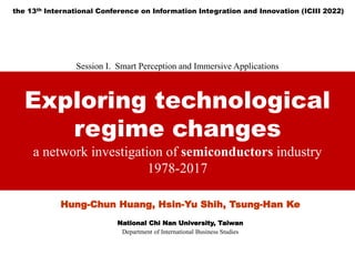 Exploring technological
regime changes
a network investigation of semiconductors industry
1978-2017
Hung-Chun Huang, Hsin-Yu Shih, Tsung-Han Ke
National Chi Nan University, Taiwan
Department of International Business Studies
the 13th International Conference on Information Integration and Innovation (ICIII 2022)
Session I. Smart Perception and Immersive Applications
 