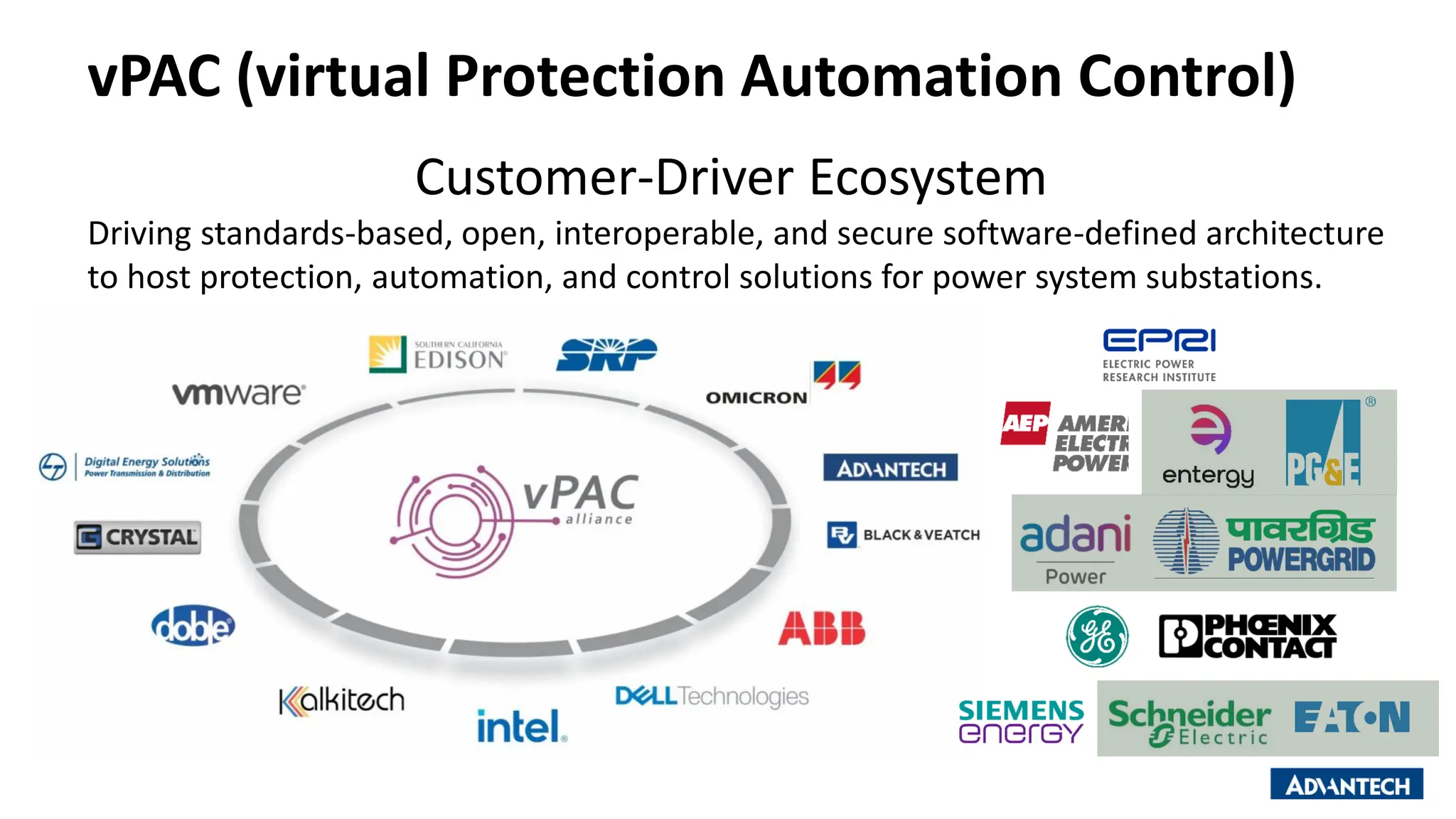 vPAC (virtual Protection Automation Control)
Driving standards-based, open, interoperable, and secure software-defined architecture
to host protection, automation, and control solutions for power system substations.
Customer-Driver Ecosystem
 