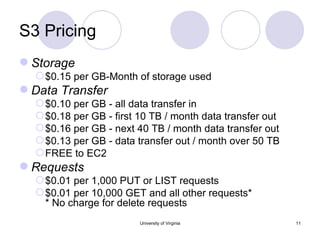 S3 Pricing Storage $0.15 per GB-Month of storage used  Data Transfer $0.10 per GB - all data transfer in $0.18 per GB - first 10 TB / month data transfer out $0.16 per GB - next 40 TB / month data transfer out $0.13 per GB - data transfer out / month over 50 TB FREE to EC2 Requests $0.01 per 1,000 PUT or LIST requests $0.01 per 10,000 GET and all other requests* * No charge for delete requests  University of Virginia 