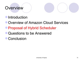 Overview Introduction Overview of Amazon Cloud Services Proposal of Hybrid Scheduler Questions to be Answered Conclusion University of Virginia 