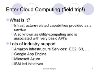 Enter Cloud Computing (field trip!) What is it? Infrastructure-related capabilities provided as a service Also known as utility-computing and is associated with very basic API’s Lots of industry support Amazon Infrastructure Services:  EC2, S3, …  Google App Engine Microsoft Azure IBM led initiatives University of Virginia 