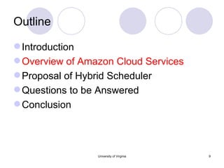 Outline Introduction Overview of Amazon Cloud Services Proposal of Hybrid Scheduler Questions to be Answered Conclusion University of Virginia 
