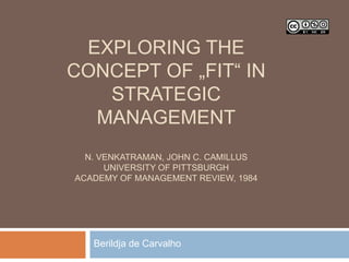 EXPLORING THE
CONCEPT OF „FIT“ IN
   STRATEGIC
  MANAGEMENT
  N. VENKATRAMAN, JOHN C. CAMILLUS
      UNIVERSITY OF PITTSBURGH
ACADEMY OF MANAGEMENT REVIEW, 1984




   Berildja de Carvalho
 