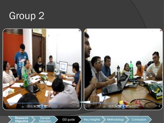 Group 2




 Research     Sample
                         GD guide   Key Insights   Methodology   Conclusion
 Objective   Selection
 