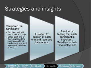 Strategies and insights

Pampered the
participants:
• Fed them well with                                         Provided a
  cold drinks and chips         Listened to              feeling that each
• Called each one of          opinion of each               participant is
  them, explained the        one and recorded                important.
  importance of their
  involvement and sent         their inputs.             Sensitive to their
  a personal invitation                                   time restrictions
  to each




  Research        Sample
                               GD guide   Key Insights    Methodology   Conclusion
  Objective      Selection
 