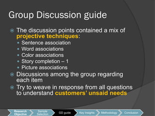 Group Discussion guide
   The discussion points contained a mix of
    projective techniques:
       Sentence association
       Word associations
       Color associations
       Story completion – 1
       Picture associations
 Discussions among the group regarding
  each item
 Try to weave in response from all questions
  to understand customers’ unsaid needs

 Research      Sample
                          GD guide   Key Insights   Methodology   Conclusion
 Objective    Selection
 