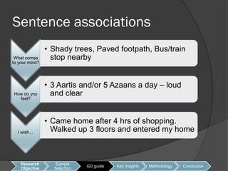 Sentence associations
                • Shady trees, Paved footpath, Bus/train
 What comes       stop nearby
to your mind?




                • 3 Aartis and/or 5 Azaans a day – loud
How do you        and clear
  feel?




                • Came home after 4 hrs of shopping.
  I wish…         Walked up 3 floors and entered my home



    Research       Sample
                              GD guide   Key Insights   Methodology   Conclusion
    Objective     Selection
 