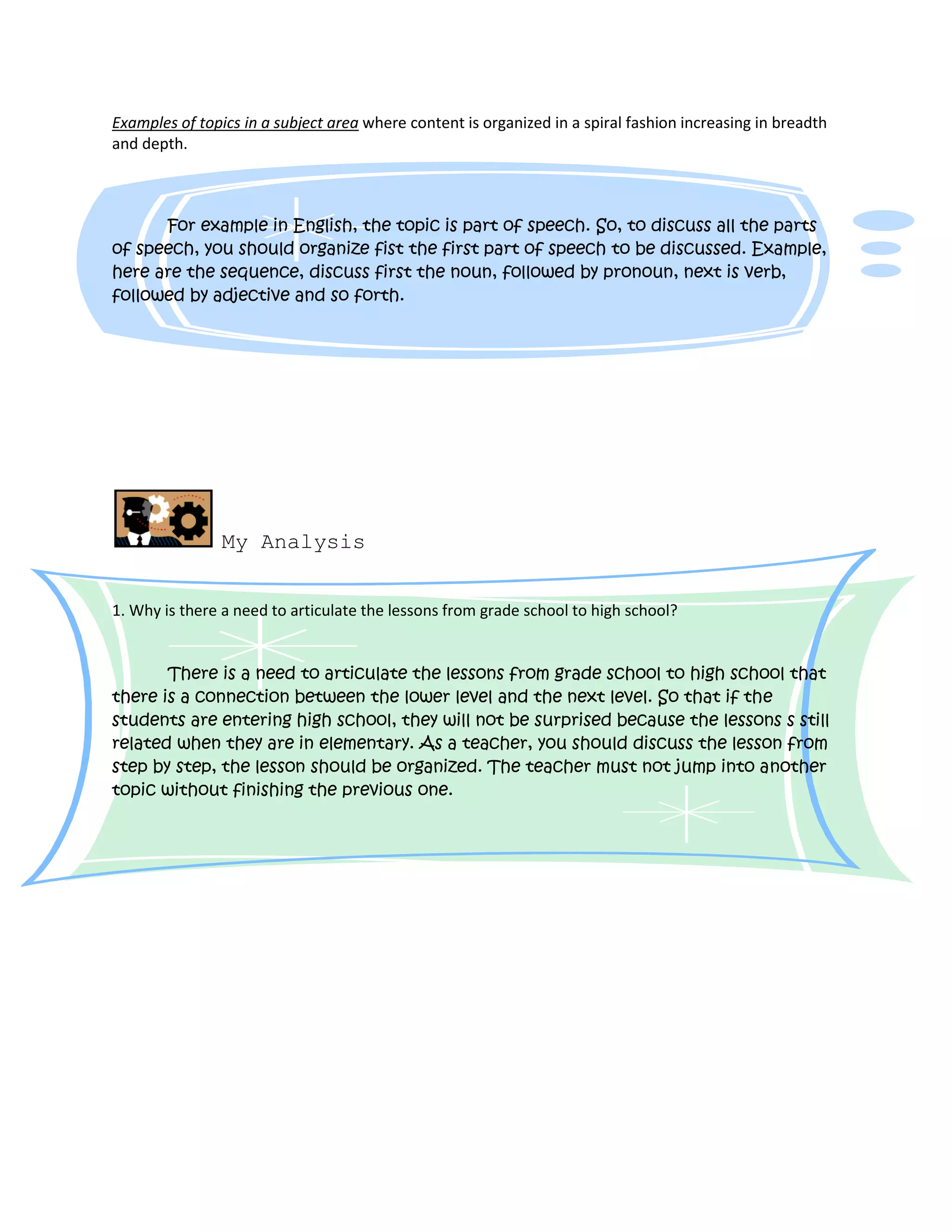 Examples of topics in a subject area where content is organized in a spiral fashion increasing in breadth
and depth.



      For example in English, the topic is part of speech. So, to discuss all the parts
of speech, you should organize fist the first part of speech to be discussed. Example,
here are the sequence, discuss first the noun, followed by pronoun, next is verb,
followed by adjective and so forth.




                My Analysis


1. Why is there a need to articulate the lessons from grade school to high school?


       There is a need to articulate the lessons from grade school to high school that
there is a connection between the lower level and the next level. So that if the
students are entering high school, they will not be surprised because the lessons s still
related when they are in elementary. As a teacher, you should discuss the lesson from
step by step, the lesson should be organized. The teacher must not jump into another
topic without finishing the previous one.
 