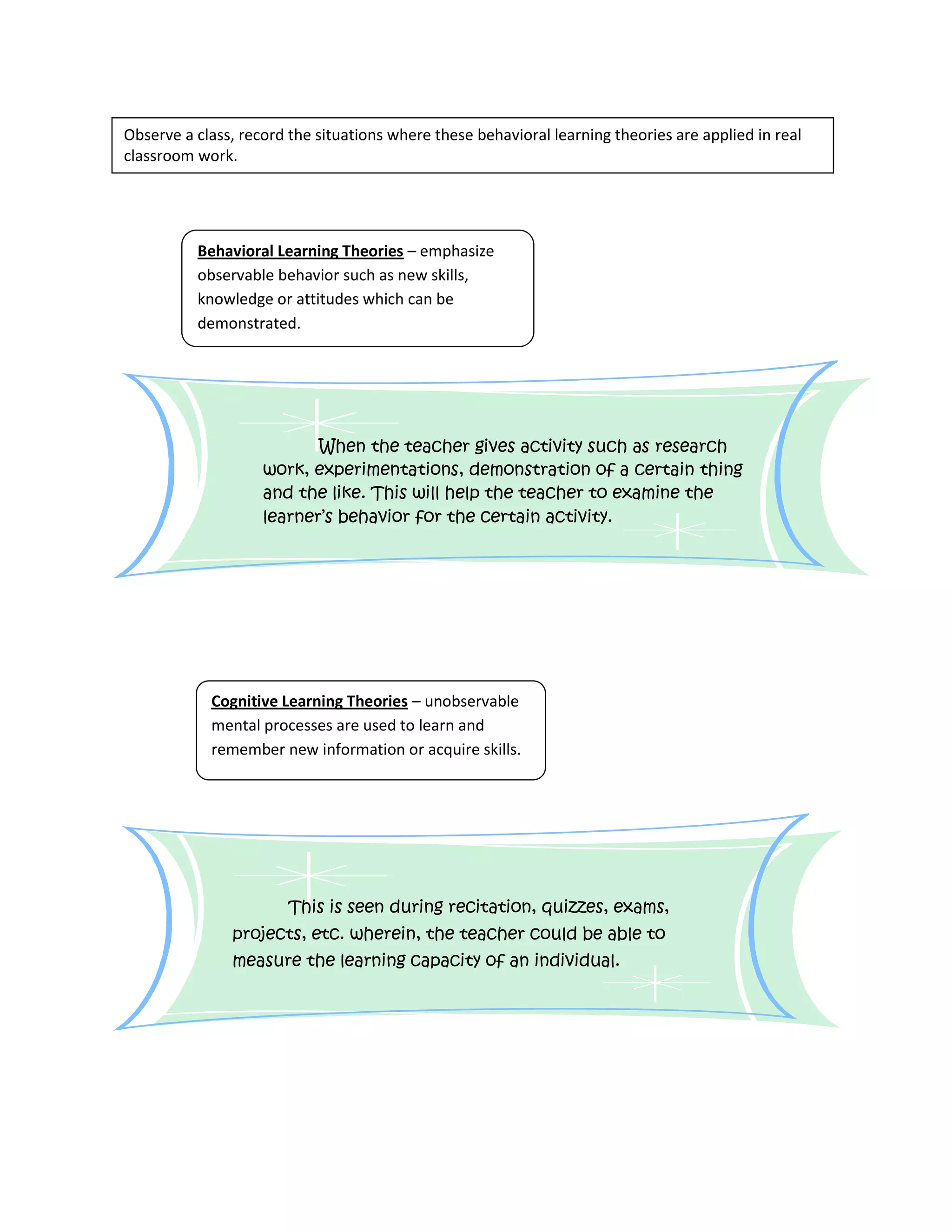 Observe a class, record the situations where these behavioral learning theories are applied in real
classroom work.
Behavioral Learning Theories – emphasize
observable behavior such as new skills,
knowledge or attitudes which can be
demonstrated.
When the teacher gives activity such as research
work, experimentations, demonstration of a certain thing
and the like. This will help the teacher to examine the
learner’s behavior for the certain activity.
Cognitive Learning Theories – unobservable
mental processes are used to learn and
remember new information or acquire skills.
This is seen during recitation, quizzes, exams,
projects, etc. wherein, the teacher could be able to
measure the learning capacity of an individual.
 