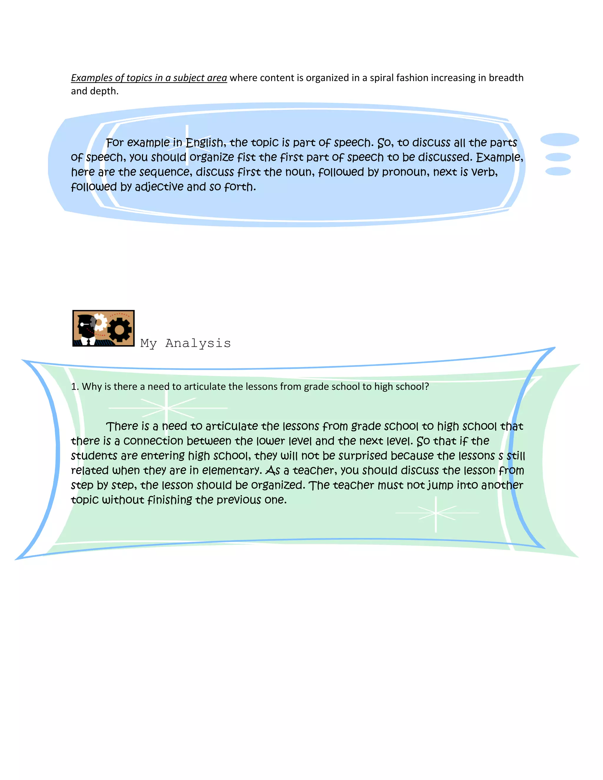 Examples of topics in a subject area where content is organized in a spiral fashion increasing in breadth
and depth.
For example in English, the topic is part of speech. So, to discuss all the parts
of speech, you should organize fist the first part of speech to be discussed. Example,
here are the sequence, discuss first the noun, followed by pronoun, next is verb,
followed by adjective and so forth.
My Analysis
1. Why is there a need to articulate the lessons from grade school to high school?
There is a need to articulate the lessons from grade school to high school that
there is a connection between the lower level and the next level. So that if the
students are entering high school, they will not be surprised because the lessons s still
related when they are in elementary. As a teacher, you should discuss the lesson from
step by step, the lesson should be organized. The teacher must not jump into another
topic without finishing the previous one.
 