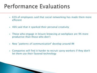?   65% of employees said that social networking has made them more
    efficient

?   46% said that it sparked their personal creativity

?   Those who engage in leisure browsing at workplace are 9% more
    productive than those who dont

?   New "patterns of communication" develop around IM

?   Companies will find it harder to recruit savvy workers if they don't
    let them use their favored technology
 
