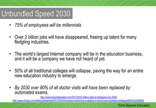 • 75% of employees will be millennials
• Over 2 billion jobs will have disappeared, freeing up talent for many
fledgling i...