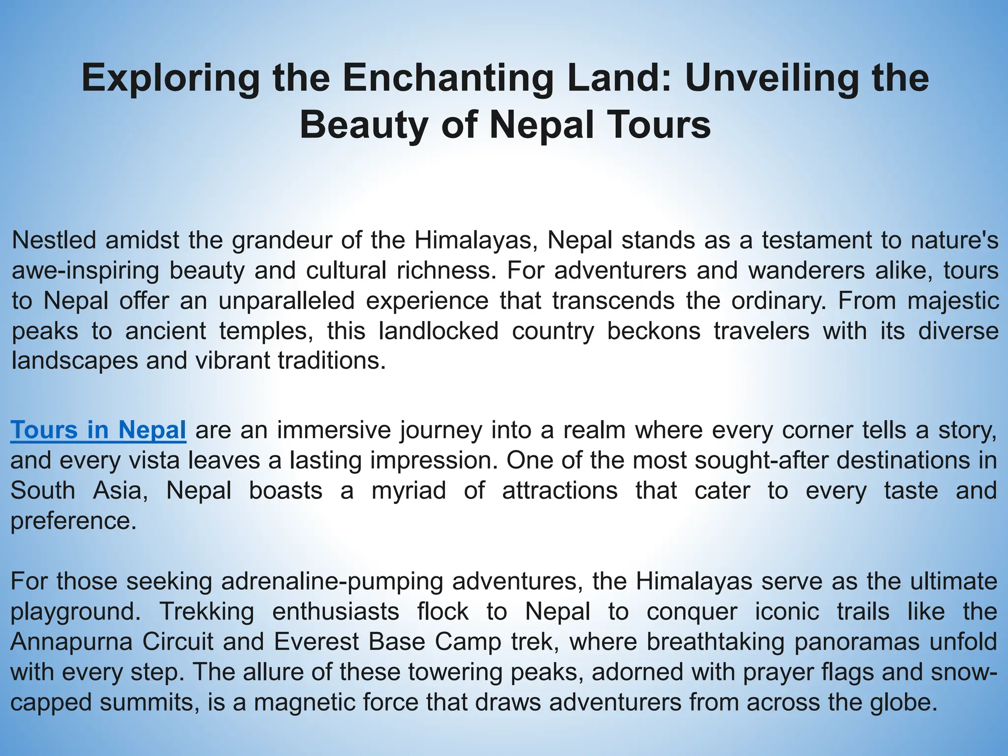 Exploring the Enchanting Land Unveiling the Beauty of Nepal Tours | PPT 