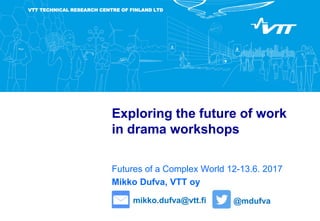 VTT TECHNICAL RESEARCH CENTRE OF FINLAND LTD
Exploring the future of work
in drama workshops
Futures of a Complex World 12-13.6. 2017
Mikko Dufva, VTT oy
mikko.dufva@vtt.fi @mdufva
 