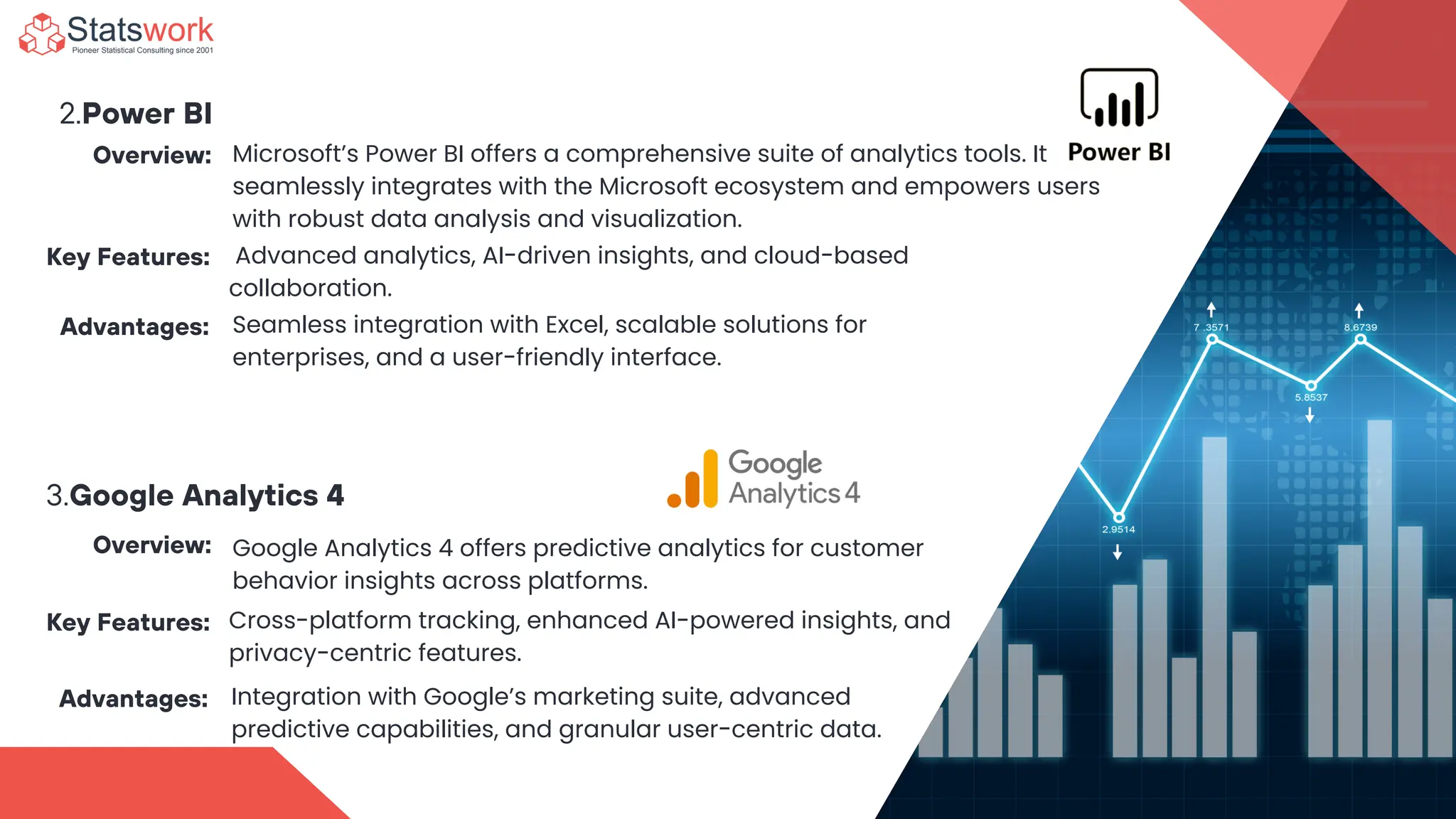 2.Power BI
Overview: Microsoft’s Power BI offers a comprehensive suite of analytics tools. It
seamlessly integrates with the Microsoft ecosystem and empowers users
with robust data analysis and visualization.
Key Features: Advanced analytics, AI-driven insights, and cloud-based
collaboration.
Advantages: Seamless integration with Excel, scalable solutions for
enterprises, and a user-friendly interface.
3.Google Analytics 4
Overview: Google Analytics 4 offers predictive analytics for customer
behavior insights across platforms.
Key Features: Cross-platform tracking, enhanced AI-powered insights, and
privacy-centric features.
Advantages: Integration with Google’s marketing suite, advanced
predictive capabilities, and granular user-centric data.
 