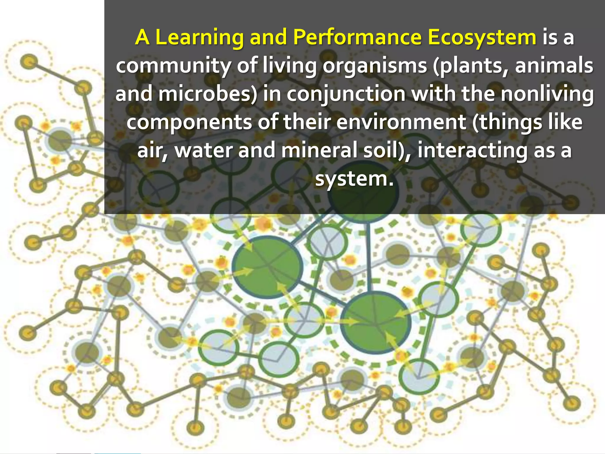 A Learning and Performance Ecosystem is a
community of living organisms (plants, animals
and microbes) in conjunction with the nonliving
components of their environment (things like
air, water and mineral soil), interacting as a
system.
 