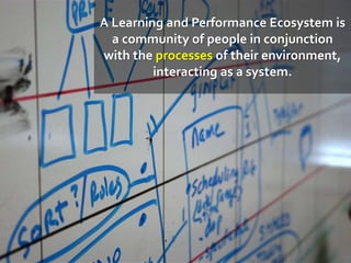 A Learning and Performance Ecosystem is
a community of people in conjunction
with the processes of their environment,
interacting as a system.
 