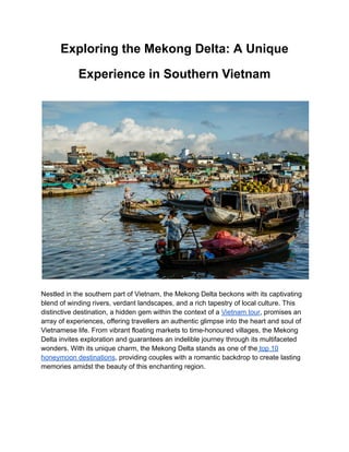 Exploring the Mekong Delta: A Unique
Experience in Southern Vietnam
Nestled in the southern part of Vietnam, the Mekong Delta beckons with its captivating
blend of winding rivers, verdant landscapes, and a rich tapestry of local culture. This
distinctive destination, a hidden gem within the context of a Vietnam tour, promises an
array of experiences, offering travellers an authentic glimpse into the heart and soul of
Vietnamese life. From vibrant floating markets to time-honoured villages, the Mekong
Delta invites exploration and guarantees an indelible journey through its multifaceted
wonders. With its unique charm, the Mekong Delta stands as one of the top 10
honeymoon destinations, providing couples with a romantic backdrop to create lasting
memories amidst the beauty of this enchanting region.
 