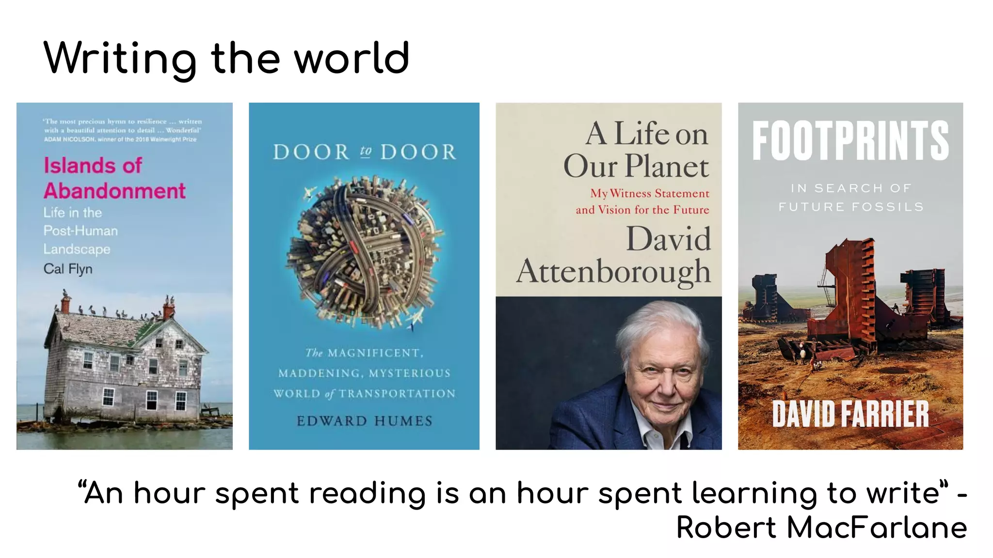 Writing the world
“An hour spent reading is an hour spent learning to write” -
Robert MacFarlane
 