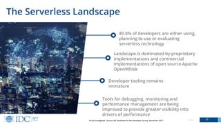 Tools for debugging, monitoring and
performance management are being
improved to provide greater visibility into
drivers of performance
© IDC 17
The Serverless Landscape
80.8% of developers are either using,
planning to use or evaluating
serverless technology
Landscape is dominated by proprietary
implementations and commercial
implementations of open source Apache
OpenWhisk
Developer tooling remains
immature
N=3,013 weighted. Source: IDC PaaSView for the Developer Survey, November 2017
 