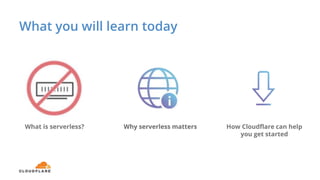 What you will learn today
What is serverless? Why serverless matters How Cloudflare can help
you get started
 