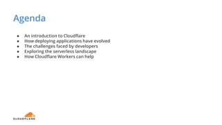 Agenda
● An introduction to Cloudflare
● How deploying applications have evolved
● The challenges faced by developers
● Exploring the serverless landscape
● How Cloudflare Workers can help
 