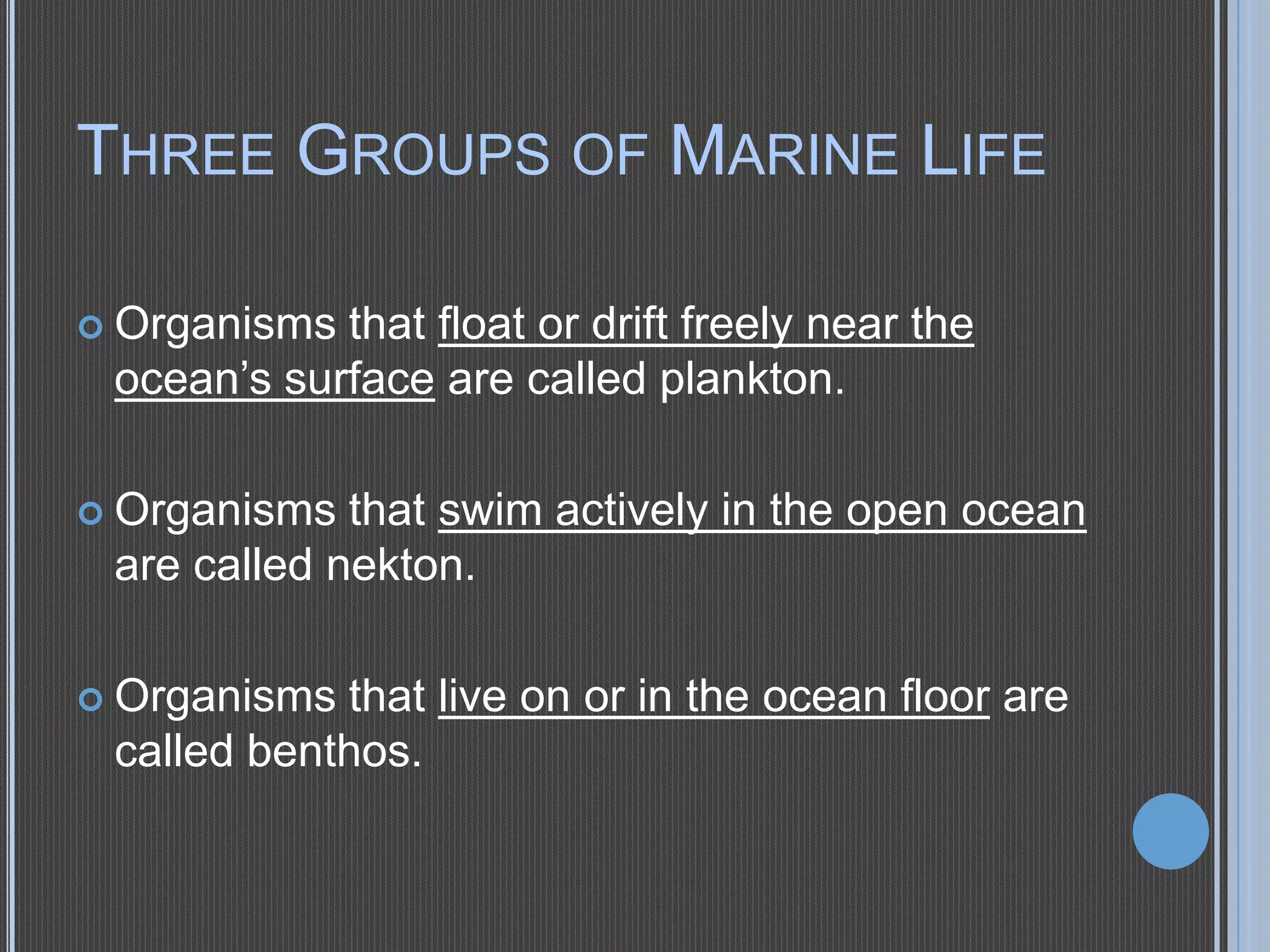 THREE GROUPS OF MARINE LIFE
 Organisms

that float or drift freely near the
ocean’s surface are called plankton.

 Organisms

that swim actively in the open ocean
are called nekton.

 Organisms

that live on or in the ocean floor are
called benthos.

 
