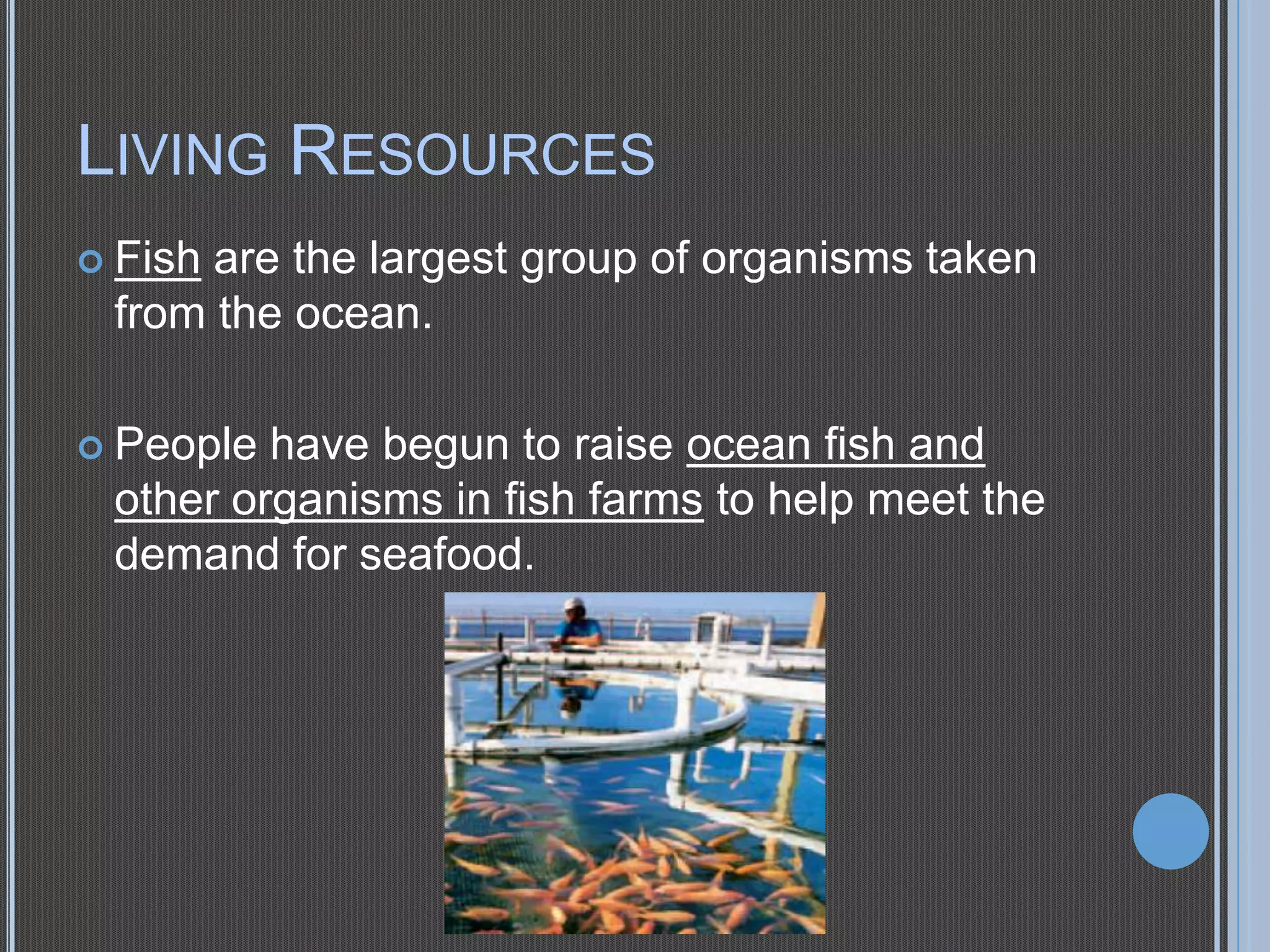LIVING RESOURCES
 Fish

are the largest group of organisms taken
from the ocean.

 People

have begun to raise ocean fish and
other organisms in fish farms to help meet the
demand for seafood.

 