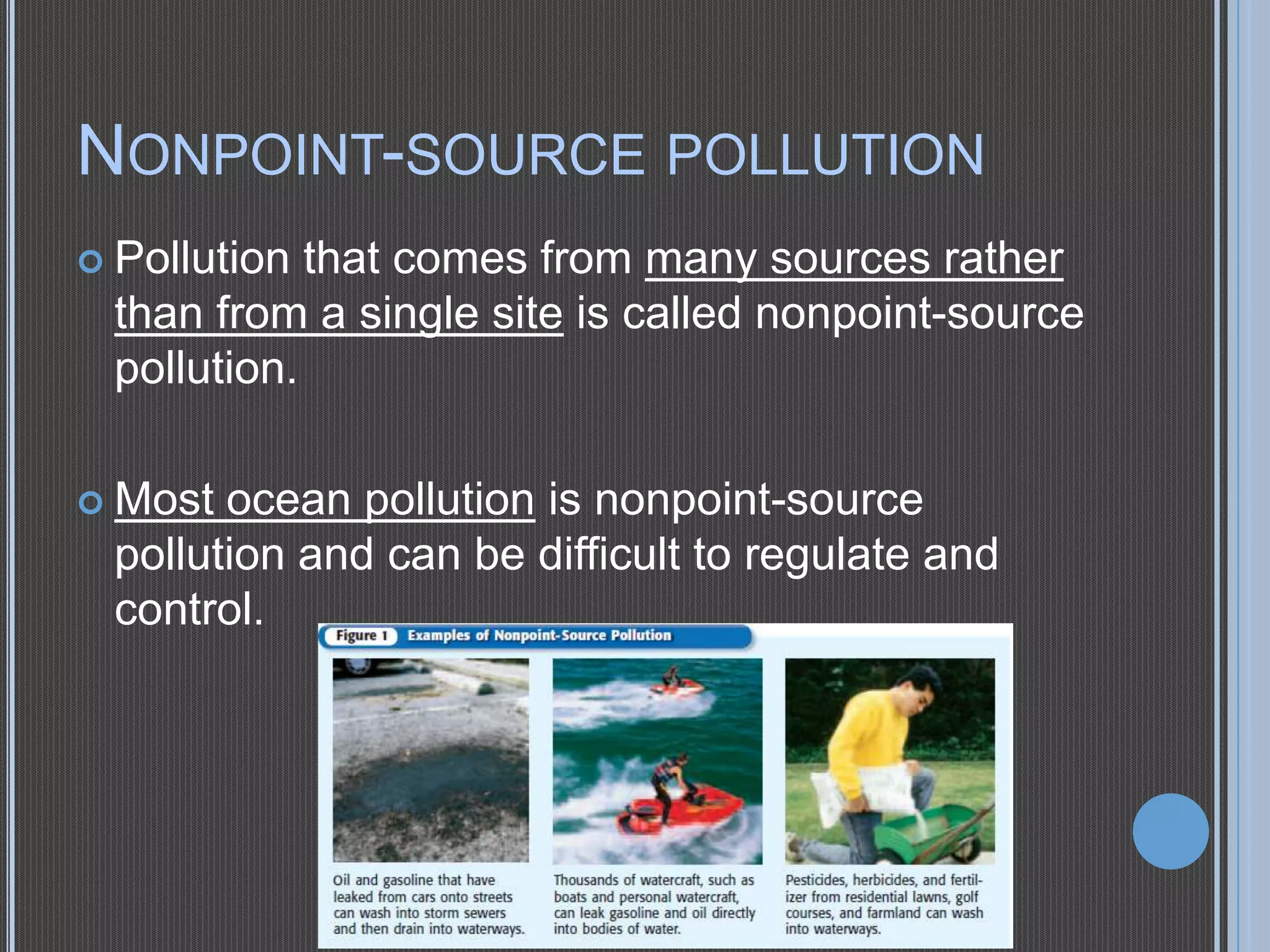 NONPOINT-SOURCE POLLUTION
 Pollution

that comes from many sources rather
than from a single site is called nonpoint-source
pollution.

 Most

ocean pollution is nonpoint-source
pollution and can be difficult to regulate and
control.

 
