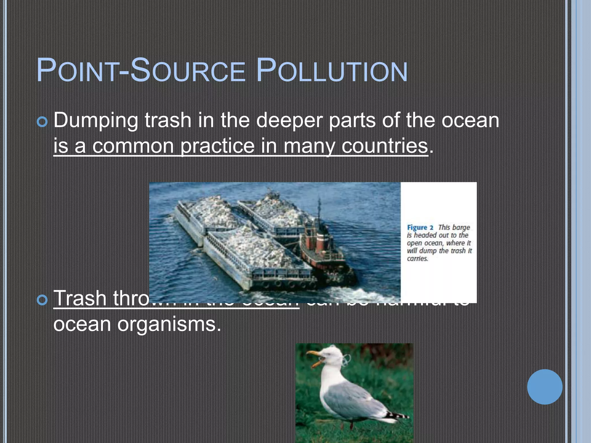 POINT-SOURCE POLLUTION
 Dumping

trash in the deeper parts of the ocean
is a common practice in many countries.

 Trash

thrown in the ocean can be harmful to
ocean organisms.

 