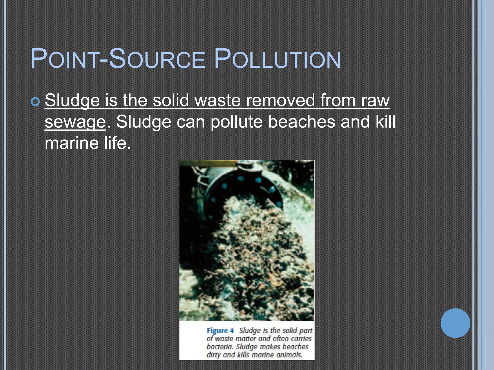 POINT-SOURCE POLLUTION
 Sludge

is the solid waste removed from raw
sewage. Sludge can pollute beaches and kill
marine life.

 