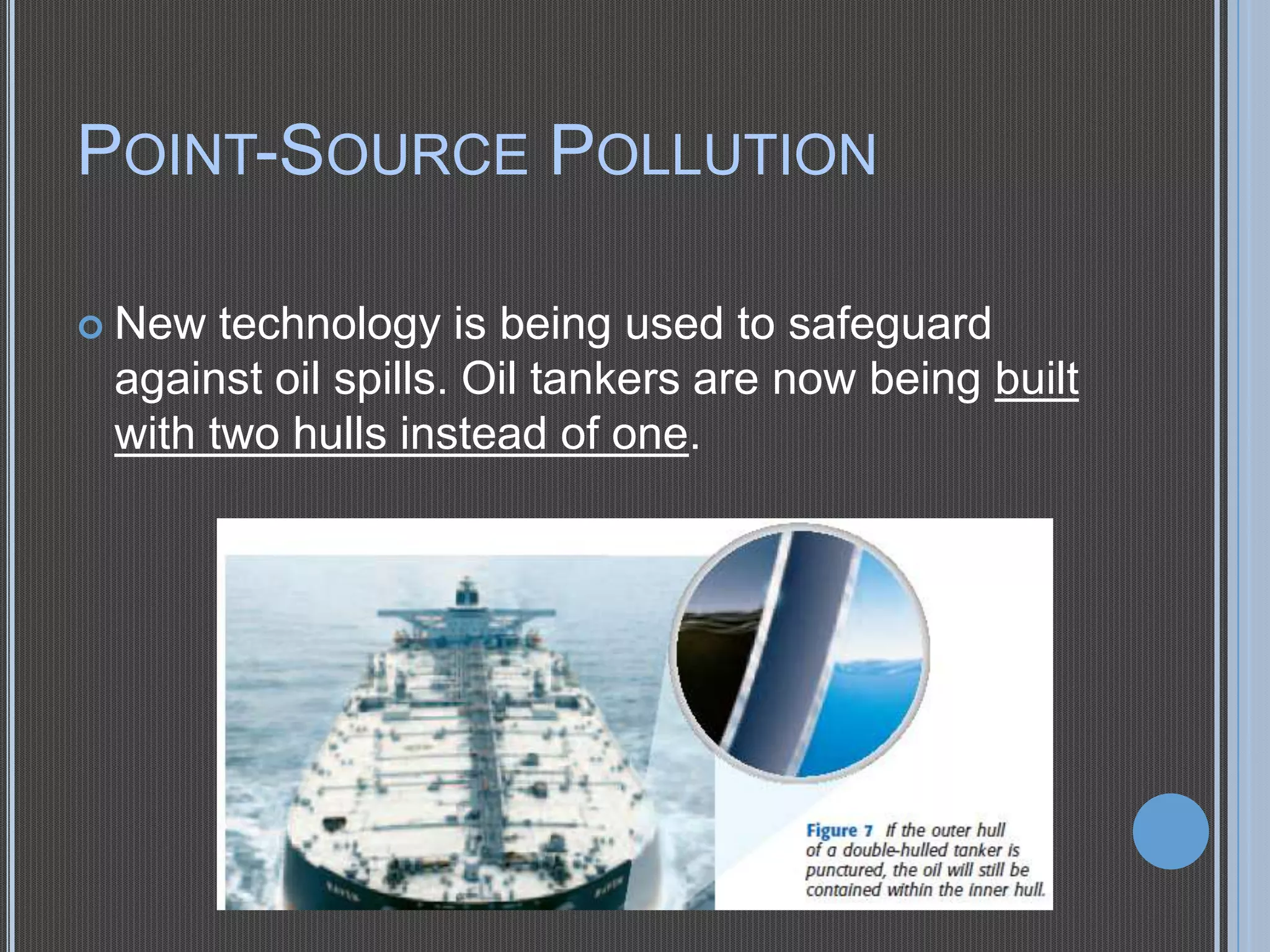 POINT-SOURCE POLLUTION
 New

technology is being used to safeguard
against oil spills. Oil tankers are now being built
with two hulls instead of one.

 