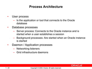 Copyright © 2009, Oracle. All rights reserved.
1 - 20
Process Architecture
• User process
– Is the application or tool tha...