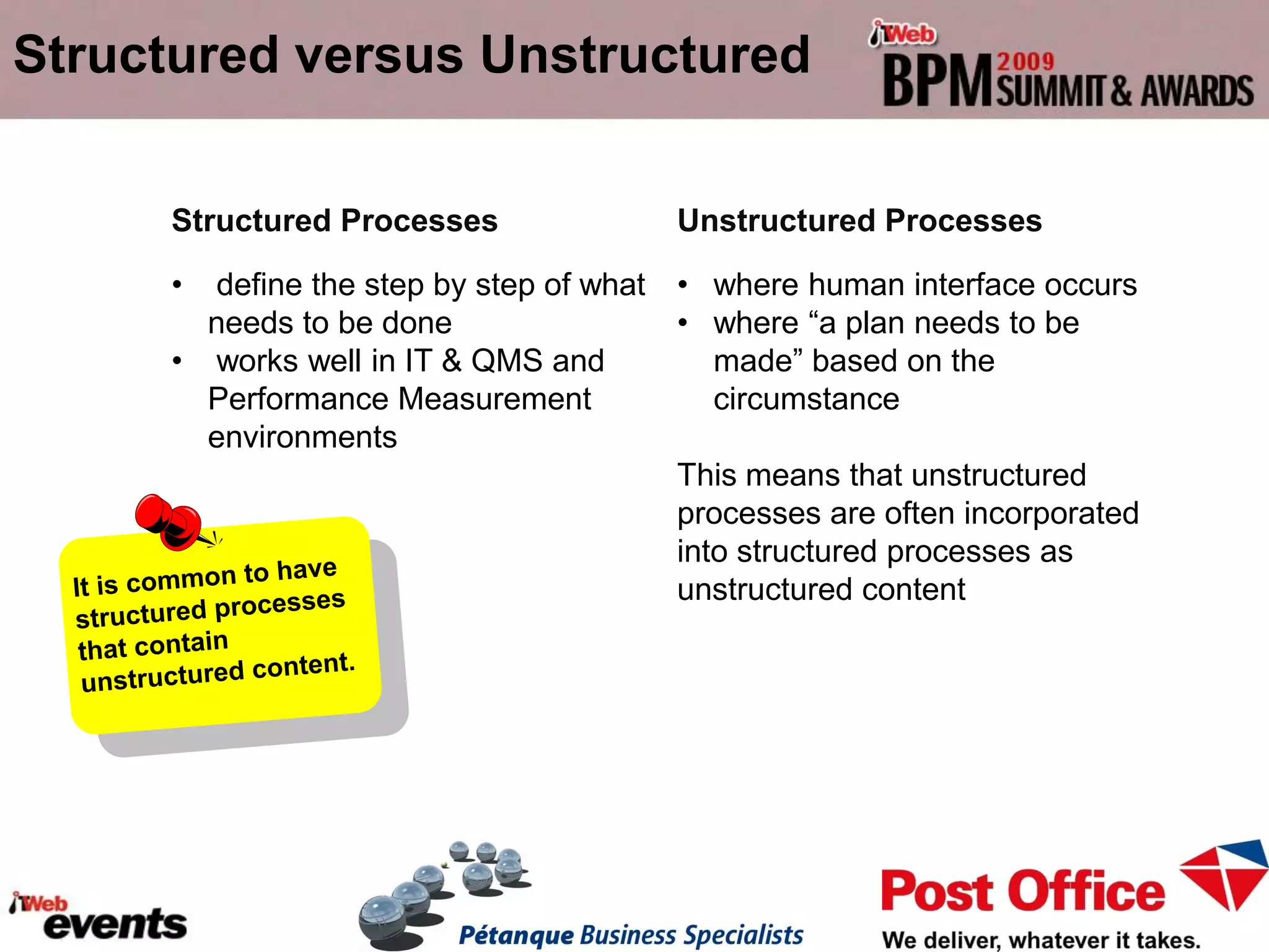 Structured versus Unstructured


         Structured Processes               Unstructured Processes

         •   define the step by step of what • where human interface occurs
             needs to be done                • where “a plan needs to be
           • works well in IT & QMS and         made” based on the
             Performance Measurement            circumstance
             environments
                                             This means that unstructured
                                             processes are often incorporated
                                             into structured processes as
  It is commo n to have
                 cesses
                                             unstructured content
  structured pro
  that contain
                content.
  unstructured
 