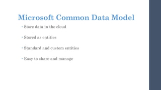 Microsoft Common Data Model
 Store data in the cloud
 Stored as entities
 Standard and custom entities
 Easy to share and manage
 