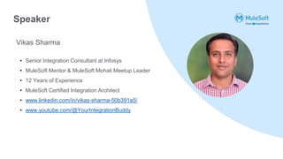 Speaker
• Senior Integration Consultant at Infosys
• MuleSoft Mentor & MuleSoft Mohali Meetup Leader
• 12 Years of Experience
• MuleSoft Certified Integration Architect
• www.linkedin.com/in/vikas-sharma-50b391a5/
• www.youtube.com/@YourIntegrationBuddy
Vikas Sharma
 