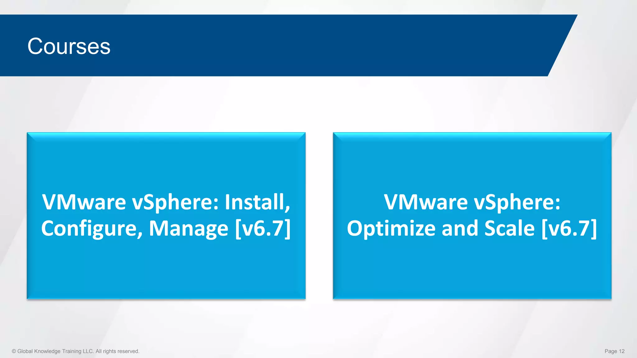 © Global Knowledge Training LLC. All rights reserved. Page 12
Courses
VMware vSphere: Install,
Configure, Manage [v6.7]
VMware vSphere:
Optimize and Scale [v6.7]
 