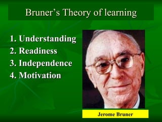 Bruner’s Theory of learning 1. Understanding  2. Readiness 3. Independence 4. Motivation Jerome Bruner 
