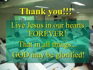 Thank you!!! Live Jesus in our hearts FOREVER! That in all things... GOD may be glorified! 